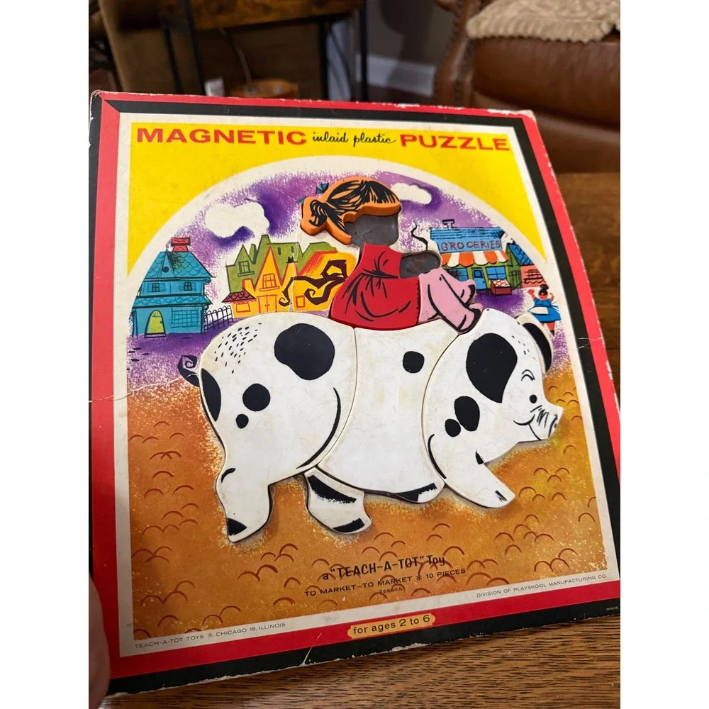 Vintage Teach-A-Tot Playskool Magnetic Inlaid Plastic Puzzle To Market To Market